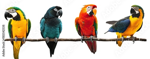 Colorful Macaws Perched on a Branch Against White photo