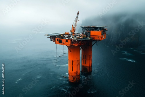 Offshore Decommissioning Highly Specialized Workers Carefully Deconstructing and Recycling Redundant Offshore Platforms Amid Moody Ocean Vistas Rugged Materials photo