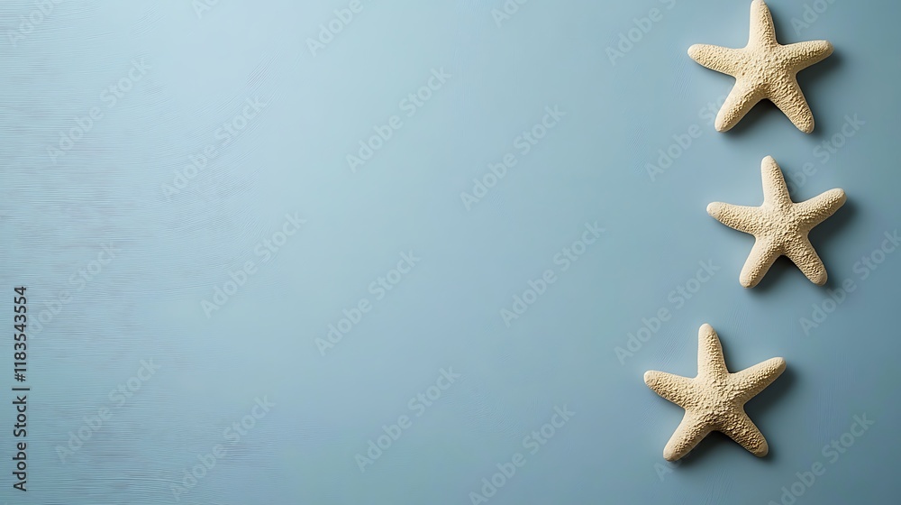Three Starfish Arranged Vertically on a Blue Background Three Starfish Arranged Vertically on a Blue Background