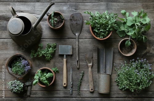 Rustic gardening tools and herbs arranged on weathered wood. photo