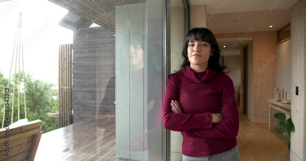 Woman in cozy sweater standing by window, enjoying peaceful moment at home Woman in cozy sweater standing by window, enjoying peaceful moment at home