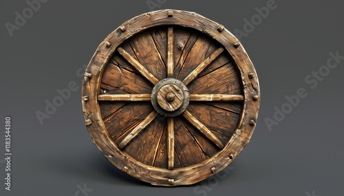 A weathered wooden wagon wheel with eight spokes, a central hub, and a rim, against a grey background.