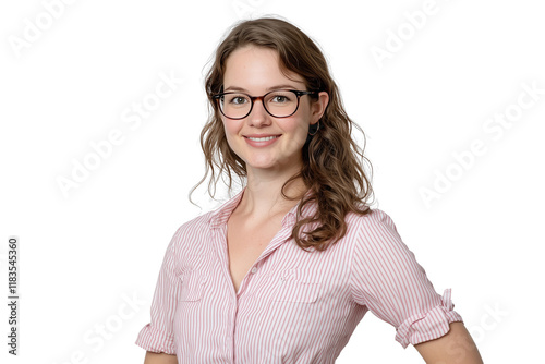 A smiling woman in a pink striped shirt and glasses, standing with her hands on her waist, isolated on a transparent background. Natural lighting, high-res, clean focus. photo