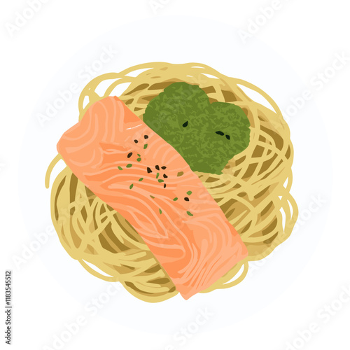 Salmon pesto spaghetti plate pasta food vector