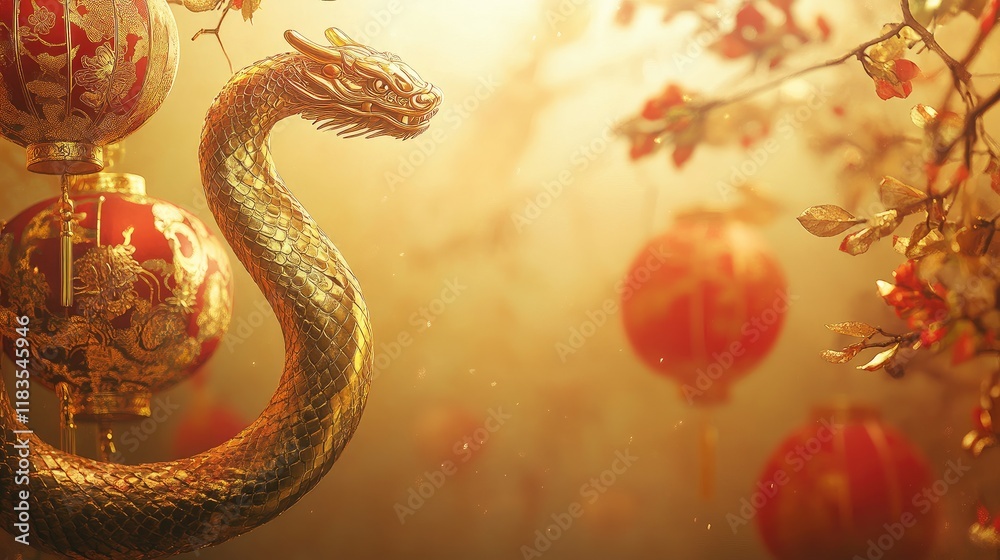 Obraz premium Golden background for Chinese New Year 2025 with a coiled snake design, red and gold lanterns, and intricate floral motifs. Festive and elegant.