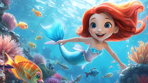 Captivating Mermaid with Pink Hair and Iridescent Shiny Scales in Vibrant Aquamarine, mermaid in the water, Cute mermaid interacts with marine life characters in an underwater fantasy world