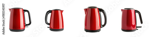 Close up view of a red electric kettle   a household appliance used for quickly boiling water in a modern stylish kitchen interior  The metallic chrome plated kettle has a sleek
