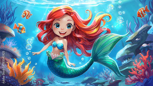 Captivating Mermaid with Pink Hair and Iridescent Shiny Scales in Vibrant Aquamarine, mermaid in the water, Cute mermaid interacts with marine life characters in an underwater fantasy world