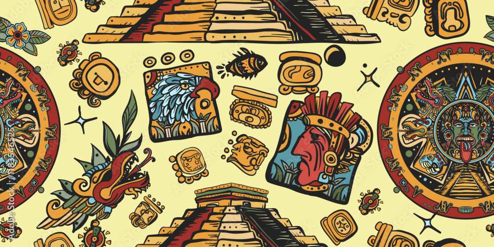Fototapeta premium Mayan pattern. Ancient mexican civilization, pyramids. Aztec Mayan calendar, inca background. Golden glyphs