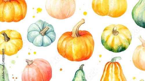 A vibrant assortment of various pumpkins in different colors and sizes, perfect for autumn-themed projects and seasonal designs. photo