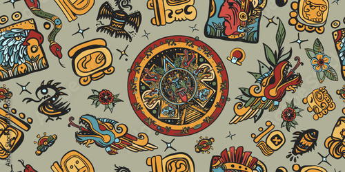 Mayan pattern. Aztec Mayan calendar, inca background. Golden glyphs. Ancient mexican civilization art
