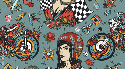 Bikers lifestyle seamless pattern. Burning chopper motorcycle, rider moto sport woman. Pin up girl, spark plug. Racers background. Old school tattoo style