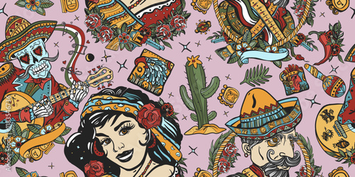 Mexico. Seamless pattern. Skeleton with guitar, mexican woman and man. Old school tattoo vector background. National culture and people. Traditional tattooing style