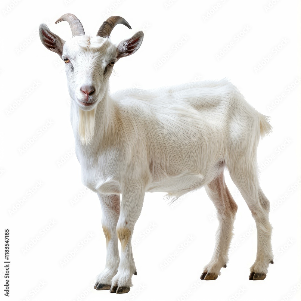 White goat standing on a white background, looking forward White goat standing on a white background, looking forward