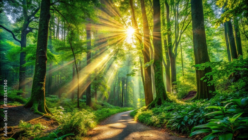 Obraz premium Architectural photography captures a sunlit forest path's lush greenery and natural beauty.