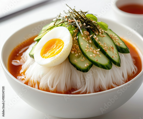 A Refreshing Bowl of Naengmyeon with Spicy Broth and Toppings photo