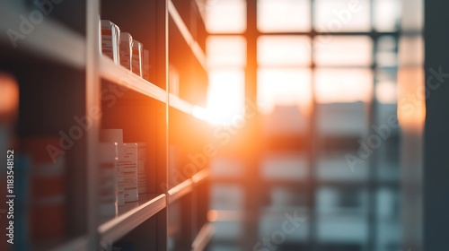 Bright Sunrise Over Pharmacy Shelves Representing Hope and New Beginnings in a Serene and Inviting Pharmacy Environment