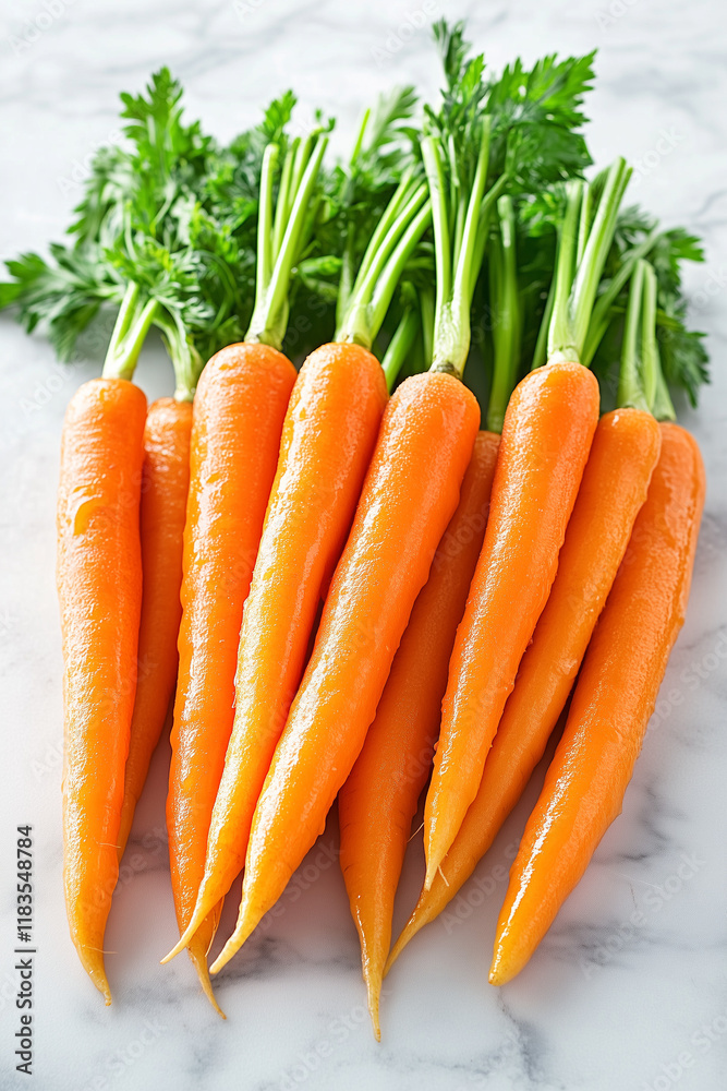 A bunch of carrots and green parsley are displayed on a marble countertop A bunch of carrots and green parsley are displayed on a marble countertop