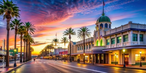 Bokeh-filled Napier cityscape: Art Deco buildings shimmer under a New Zealand twilight sky.