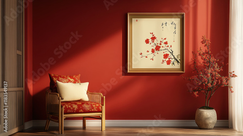 Elegant minimalist wall art with red blossoms in cozy room