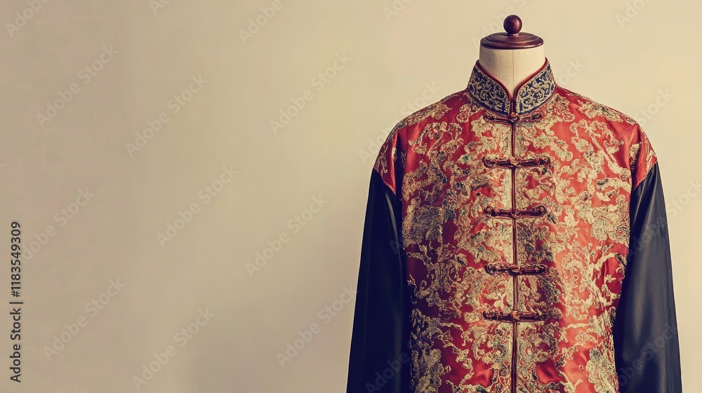 Obraz premium Traditional Chinese New Year mens tunic with brocade patterns on a mannequin, displayed against a plain, light neutral background.