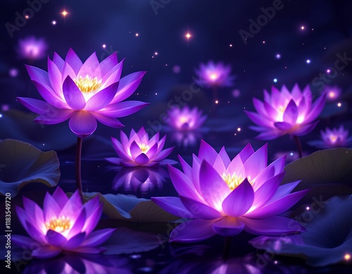 Luminous Purple Lotuses: A Night Bloom in Enchanting Darkness