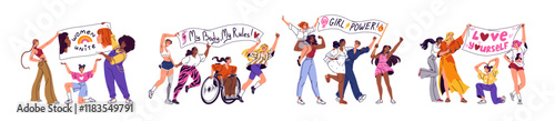 Group of diverse women together set. Happy girls with flags are on equality support parade. Sisterhood, female solidarity, feminism movement. Flat isolated vector illustrations on white background