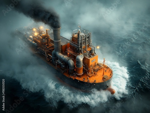 Offshore oil tanker ship transferring crude oil to an onshore storage facility colossal steel hull and superstructure churning waves and swirling sea spray intricate web of piping and equipment