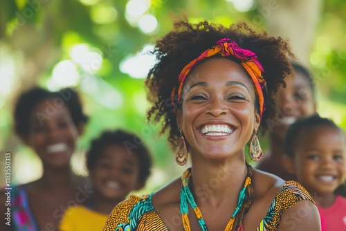 Joyful woman with bright headwrap and group smiling outdoors photo