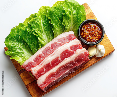 Grilled Samgyeopsal with Fresh Lettuce and Spicy Ssamjang Sauce photo