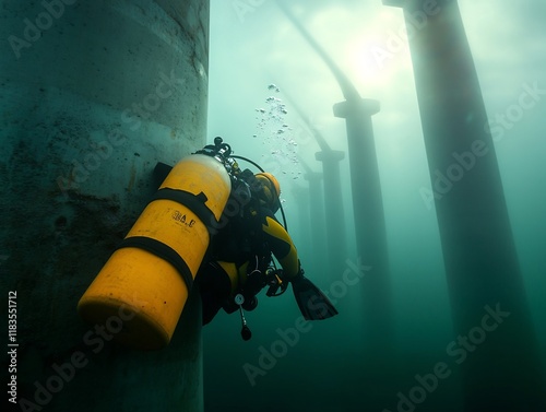 Scuba diver inspecting the subsurface concrete foundations of an offshore wind turbine skilled technician in specialized diving gear meticulously documenting the condition of the submerged supports
