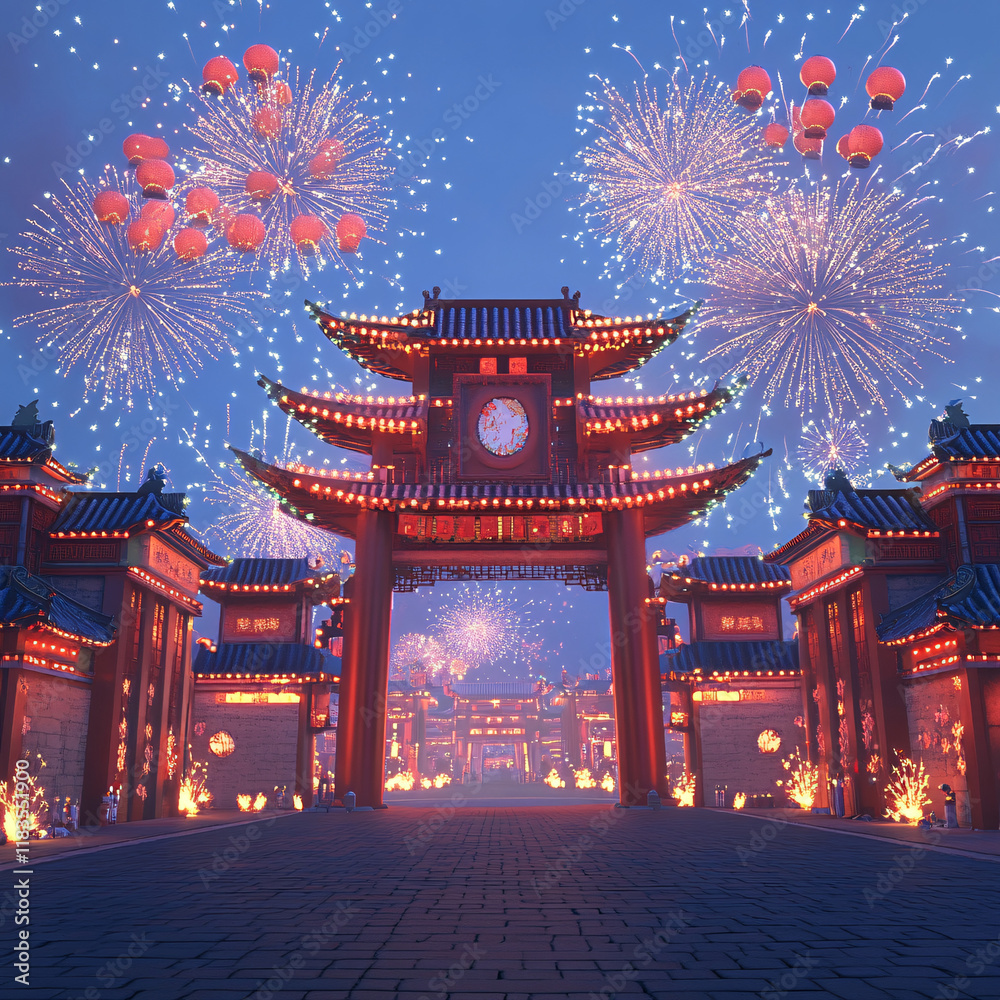 Celebrating Chinese New Year, fireworks bloom in the sky, the green and gold colors of traditional Chinese architecture shine, The scene is captured in a close-up shot Celebrating Chinese New Year, fireworks bloom in the sky, the green and gold colors of traditional Chinese architecture shine, The scene is captured in a close-up shot