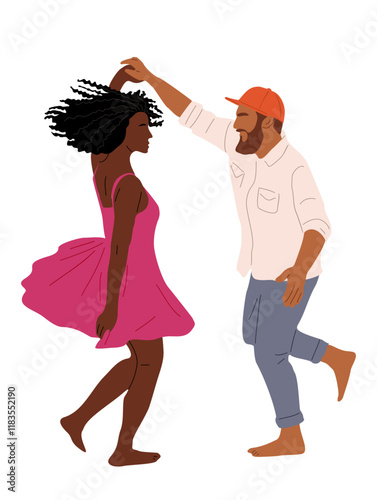 Young multiracial Dancing Couple. Young man and woman in dance pose. Vector flat illustration isolated on transparent background. 