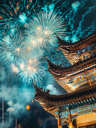 Celebrating Chinese New Year, fireworks bloom in the sky, the green and gold colors of traditional Chinese architecture shine, The scene is captured in a close-up shot