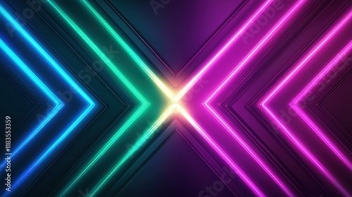 A vibrant, abstract design with intersecting neon lines in blue, green, and pink against a dark background, creating a dynamic visual effect.