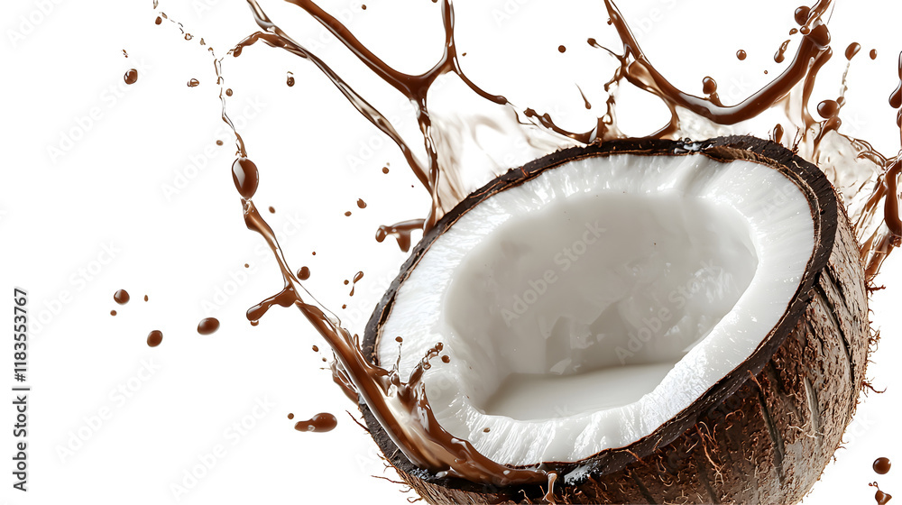 Coconut splashing in chocolate food photography studio setting dynamic action close-up shot Coconut splashing in chocolate food photography studio setting dynamic action close-up shot
