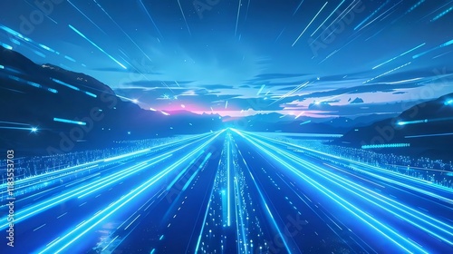 Digital highway, mountain sunset, fast data flow.