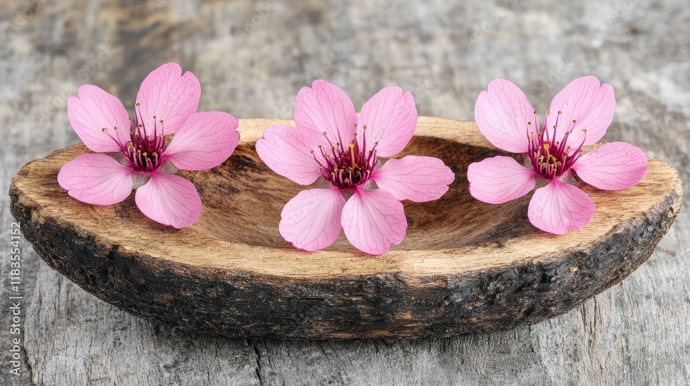 Delicate Pink Blossoms in Rustic Wooden Bowl Delicate Pink Blossoms in Rustic Wooden Bowl