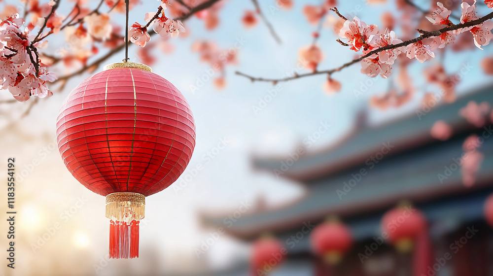 Obraz premium Lunar New Year Lantern with Blossoms in Chinese Temple