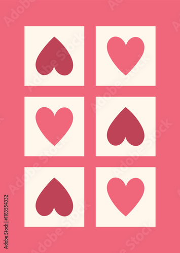 Valentine's Day Card with 6 pink Hearts. Simple cute greeting card. Vector illustration.