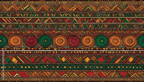 Vibrant African Tribal Seamless Pattern: Geometric Ethnic Texture Design for Fabric, Textile, and Wallpaper. Bold Orange, Brown, Green, Red, Gold, Black Abstract Art Illustration. Retro Boho Style, Vi