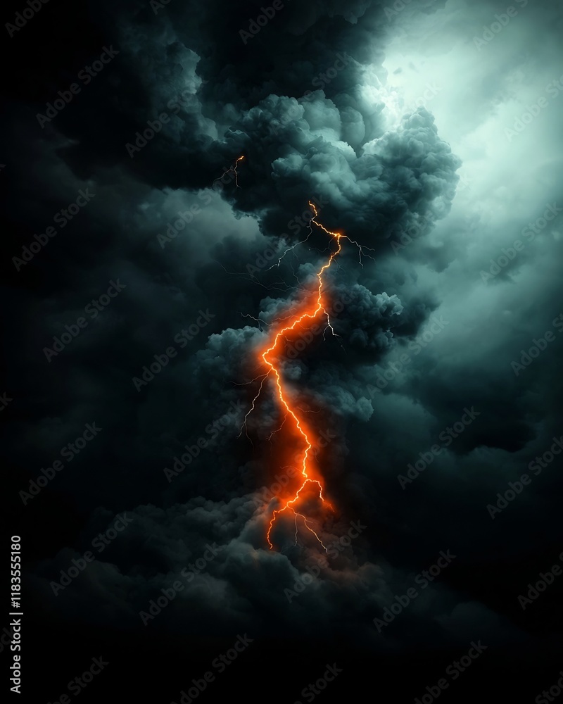 Dramatic and Electrifying Ominous Storm Clouds with Intense Crackling Lightning Bolts Zigzagging through Turbulent Ink Black Sky in Moody Atmospheric Landscape Scene with Chiaroscuro Lighting Effects