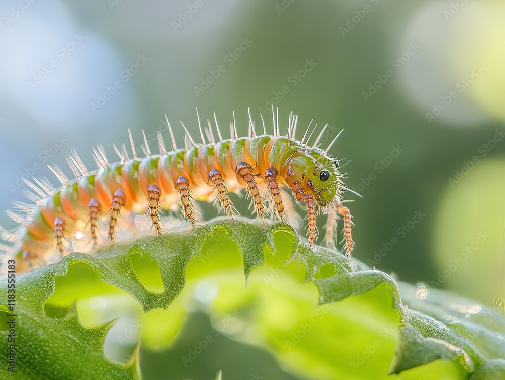 Naklejka premium Green millipede crawling on leaf, garden background, nature macro photography for websites.