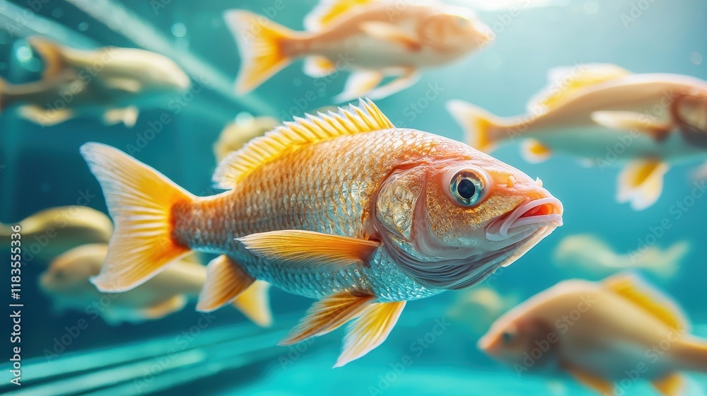 Fototapeta premium A vibrant underwater scene featuring multiple golden fish swimming gracefully in a clear tank, showcasing their shimmering scales and lively movements.