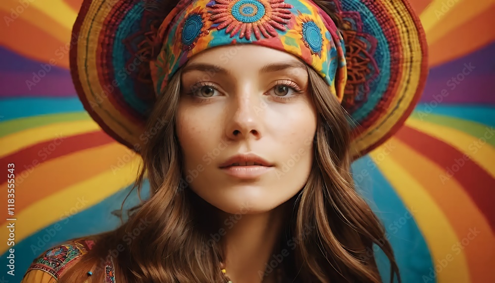 Obraz premium Bohemian Rhapsody: A Vibrant Portrait of a Woman in Retro Headwear Against a Rainbow Background. A Stylish and Colorful Image, Perfect for Fashion, Beauty, and Lifestyle Brands. 70s Hippie Aesthetic
