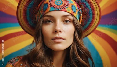 Bohemian Rhapsody: A Vibrant Portrait of a Woman in Retro Headwear Against a Rainbow Background.  A Stylish and Colorful Image, Perfect for Fashion, Beauty, and Lifestyle Brands.  70s Hippie Aesthetic photo