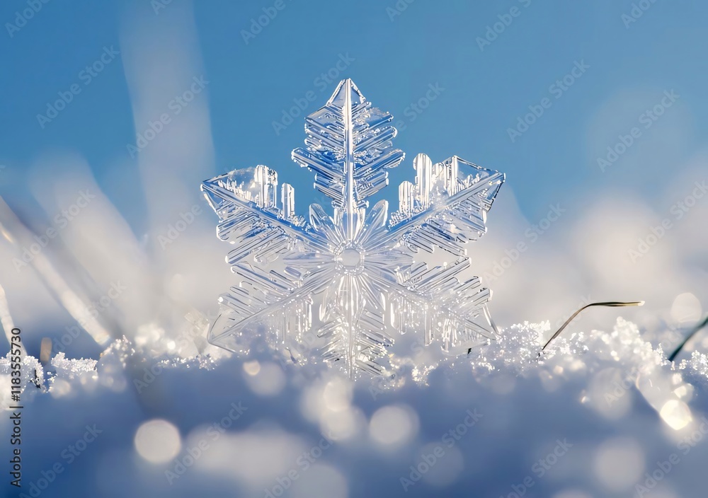 Sparkling snowflake in snowy field, winter sun. Sparkling snowflake in snowy field, winter sun.