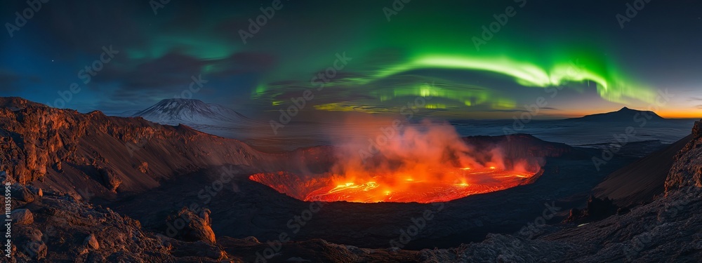 Obraz premium A dramatic perspective of a remote volcanic caldera with an active lava pool and a rare, deep red aurora borealis casting a dramatic glow over the fiery landscape, Volcanic caldera scene