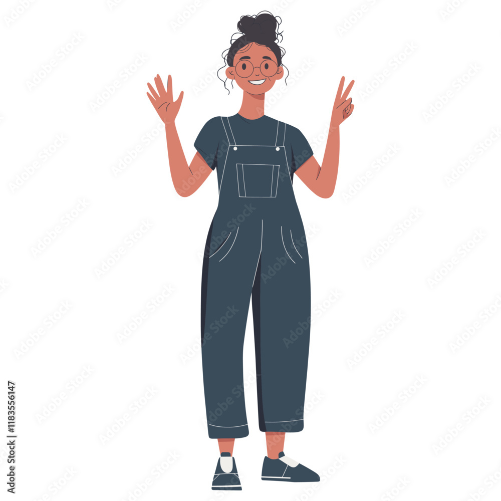 Woman smiling and waving her right hand illustration overalls style vector Woman smiling and waving her right hand illustration overalls style vector