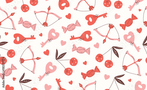 Сute Valentine's day seamless pattern. Hand drawn groovy cartoon sticker elements. 14 February coquette collection with heart, cherry. Funky Saint Valentine design in flat style. Isolated vector illu